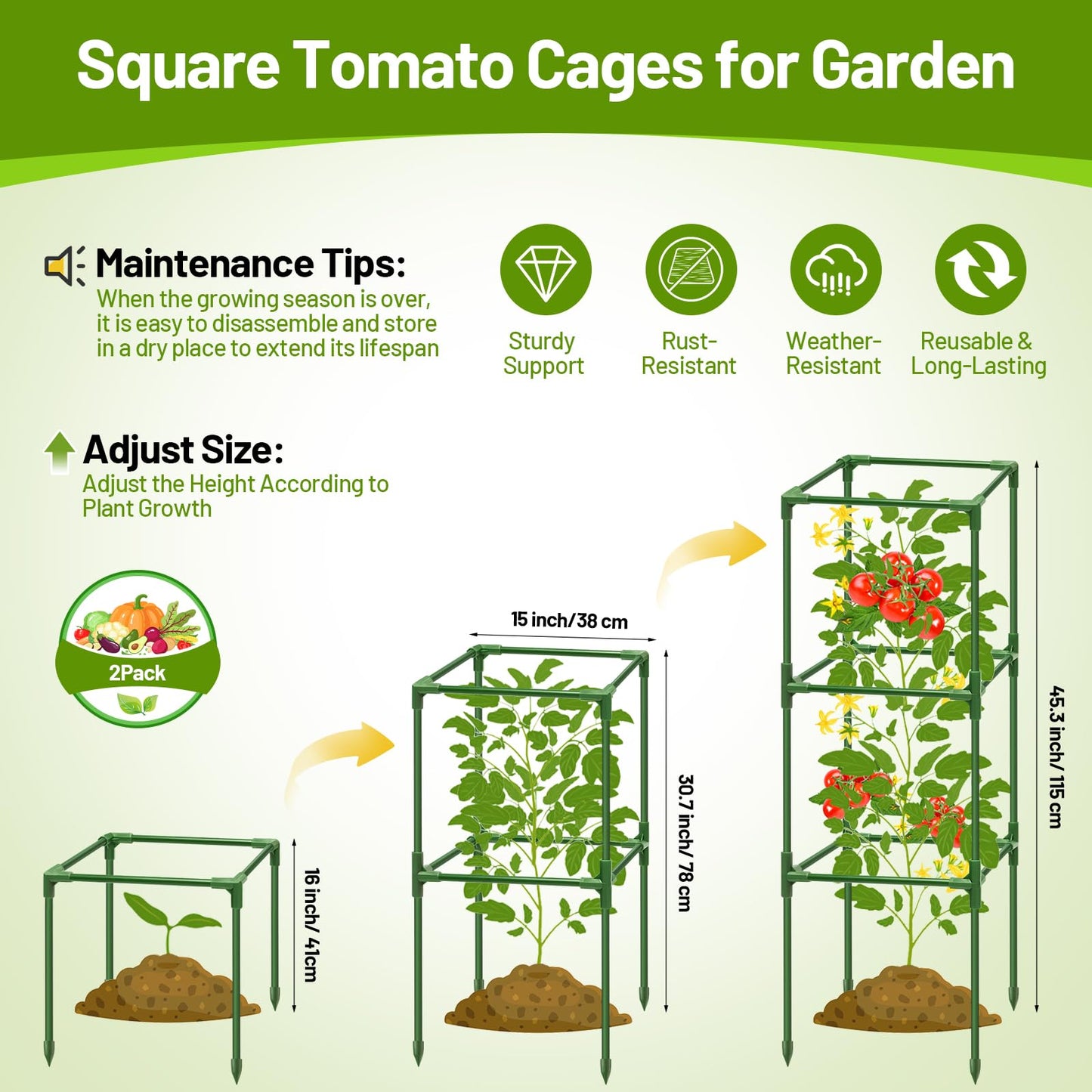 Legigo 2 Pack Square Tomato Cages- 45 Inch Heavy Duty Tomato Trellis for Climbing Plants Outdoor, Tomato Plant Support Stakes Cage Garden Trellis for Garden Raised Garden Bed Cucumbers Vegetables