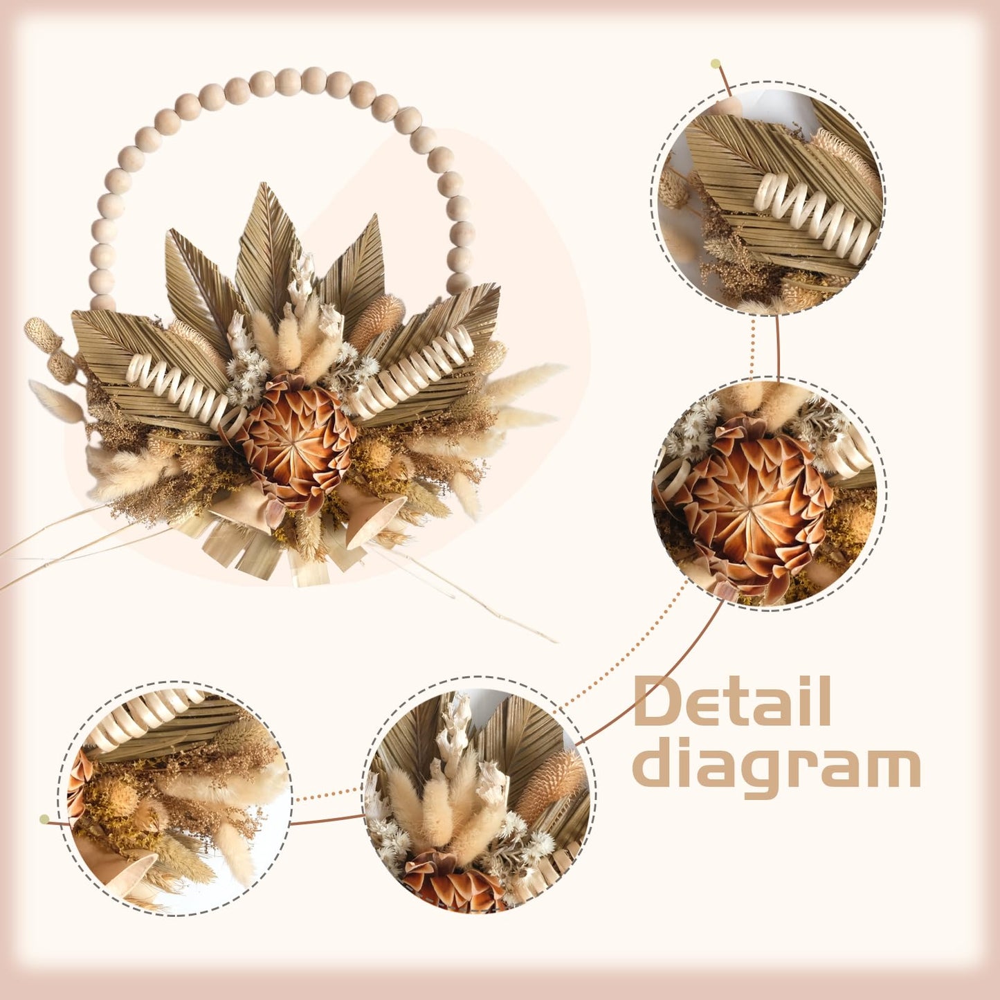 18 Inches idyllic Wood Bead Palm Leaves Wreaths for Front Door, Farmhouse Fall Harvest Thanksgiving Wreath, Fall Wall Kitchen Cabinet Decorations, Lantana