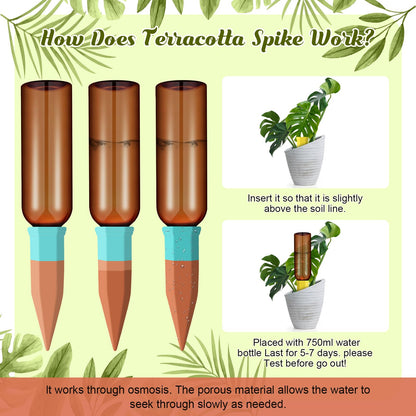 SiliFine 6 Sets Plant Watering Devices Include Terracotta Self Watering Spikes and 26 oz Plastic Bottles, Slow Release Vacation Insert Automatic Plant Waterer Device (Brown and Mixed Color)