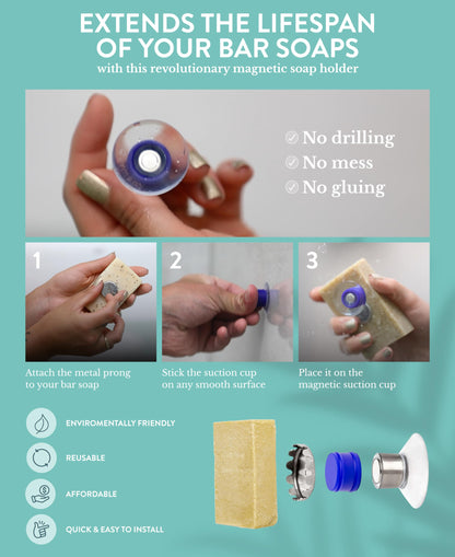 Crate 61 Organics, Soap Holder with Magnet Protector Edition, 100% Rust-Proof, No Drilling, with Suction Cup, for Sink, Shower & Bath
