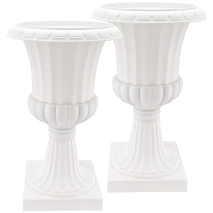 Arcadia Garden Products Plastic Garden Pedestal Urn, Set of 2 Classic Decorative Garden Pot Planter for Indoor and Outdoor Plants, 10” x 17”, White
