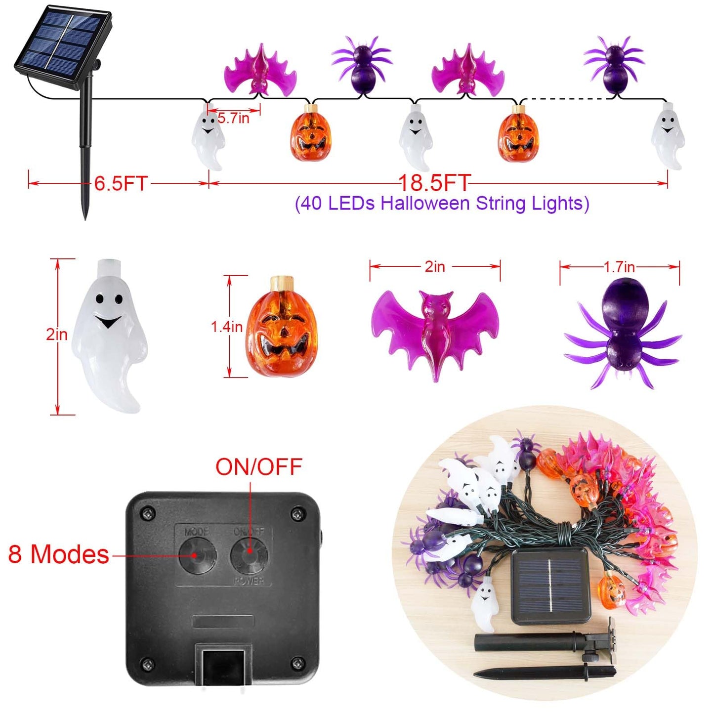 Janchs 40LED Solar Pumpkin Bat Ghost Spiders Lights for Halloween Decorations, 8 Modes, Waterproof, Auto On/Off, for Garden Decor, Halloween, Yard, Lawn, Outdoor Use