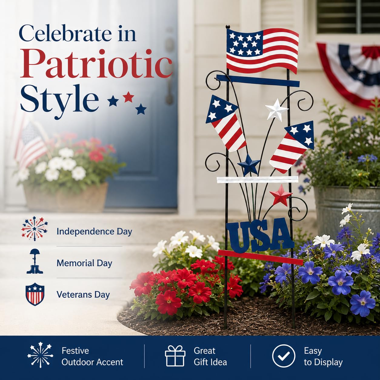 WKHOMEDECO 4th of July Decorations Outdoor, 30 Inch Metal Patriotic Garden Stakes, USA Yard Sign with American Flag, Red White and Blue Yard Decorations for Memorial Day Lawn Porch