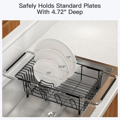 MAJALiS Dish Drying Rack Over The Sink with Utensil Holder, Mat | Expandable Stainless Steel Dish Drainer for Small Kitchen, Apartment, RV, Counter Space Saving, Perfect Fit, Rustproof