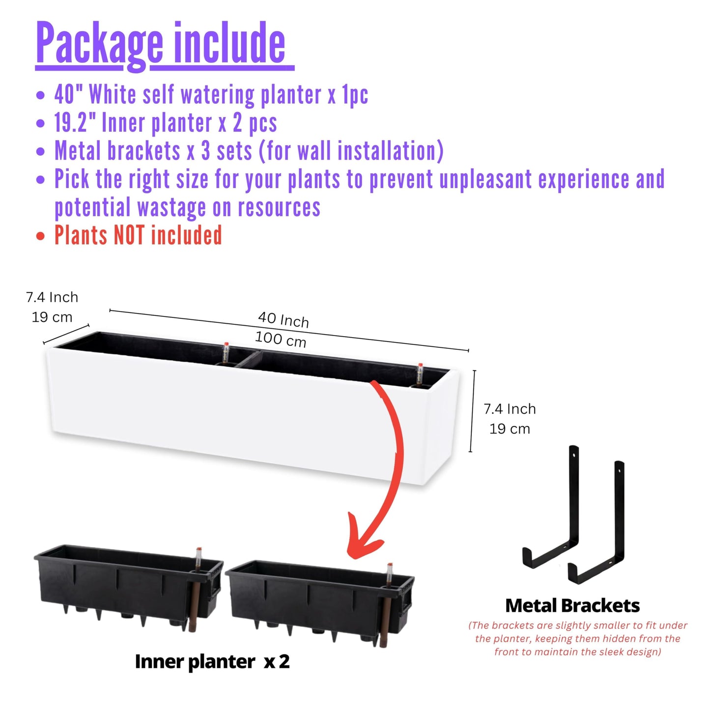 LaLaGreen Planter Boxes Outdoor (40 Inch, 1 Pack) Rectangular Self Watering System Window Flower Boxes with Bracket, Large White Planters Vertical Plant Container Hanging Wall Mount Indoor Succulents