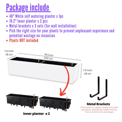 LaLaGreen Planter Boxes Outdoor (40 Inch, 1 Pack) Rectangular Self Watering System Window Flower Boxes with Bracket, Large White Planters Vertical Plant Container Hanging Wall Mount Indoor Succulents