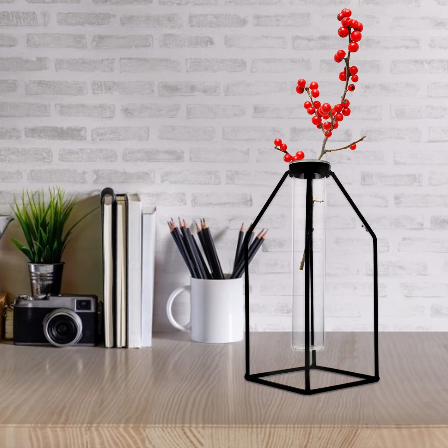 ULTNICE Hydroponic Glass Vase with Wrought Iron Frame 9.44X3.93X3.54In Office Plant Decor Modern Minimalist Planter Terrarium Container