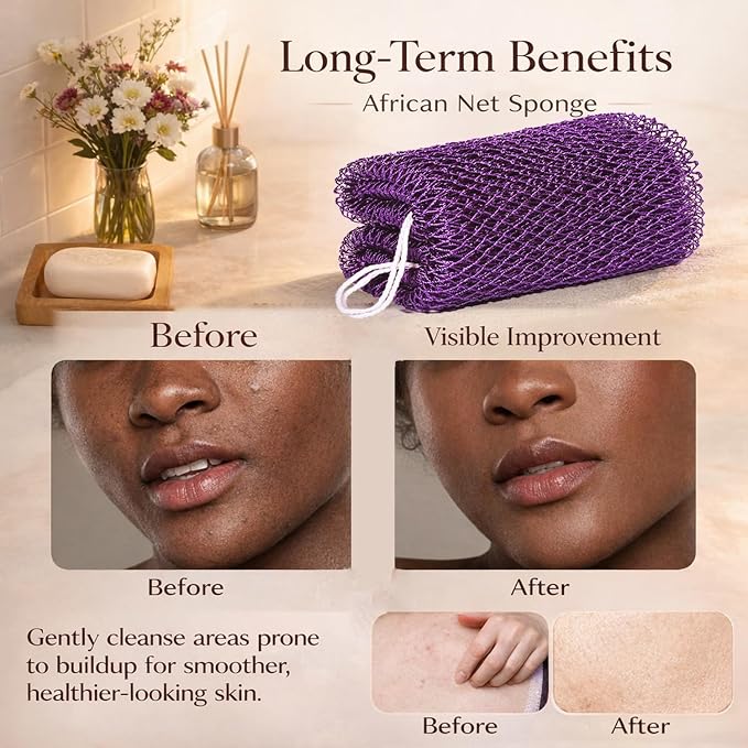 African Net Sponge Authentic, 3 Pieces African Exfoliating Net Sponge Body Back Scrubber Exfoliating Washcloth for Shower Bath for All Types (Brown+Blue+Gold, 3 Pcs)