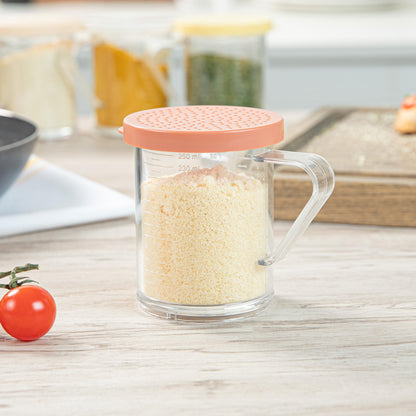 Restaurantware RW Base 10 Ounce Clear Plastic Dredge Spice Shaker 1 Reusable Dry Rub Shaker - Includes Rose Perforated Lid With Handle Clear Polycarbonate Spice Shaker For Any Seasoning