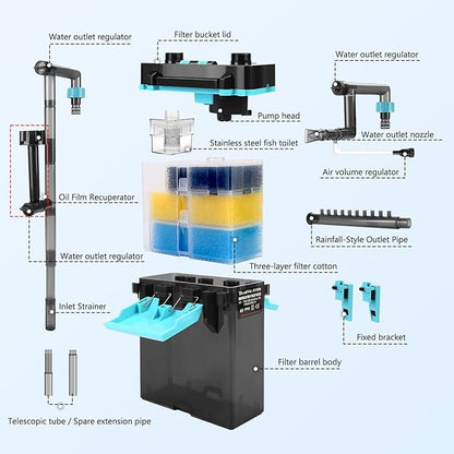 External Hang-On-Back Aquarium Filter, 4-Stage Filtration Fish Tank Filter with Oil Skimmer, Adjustable Flow & Oxygenation, Duckbill Nozzle & Shower Spray Bar, Power Filter for 30-60 Gallon