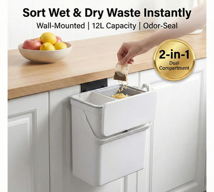 TOSCARA 3.2 Galoon Kitchen Compost Bin with lid | Odorless Hanging Trash Can with Sliding Lid for Dry & Wet Waste – 12 L Wall-Mounted Garbage Can for Kitchen Cabinet. Under Sink Trash can for Office.