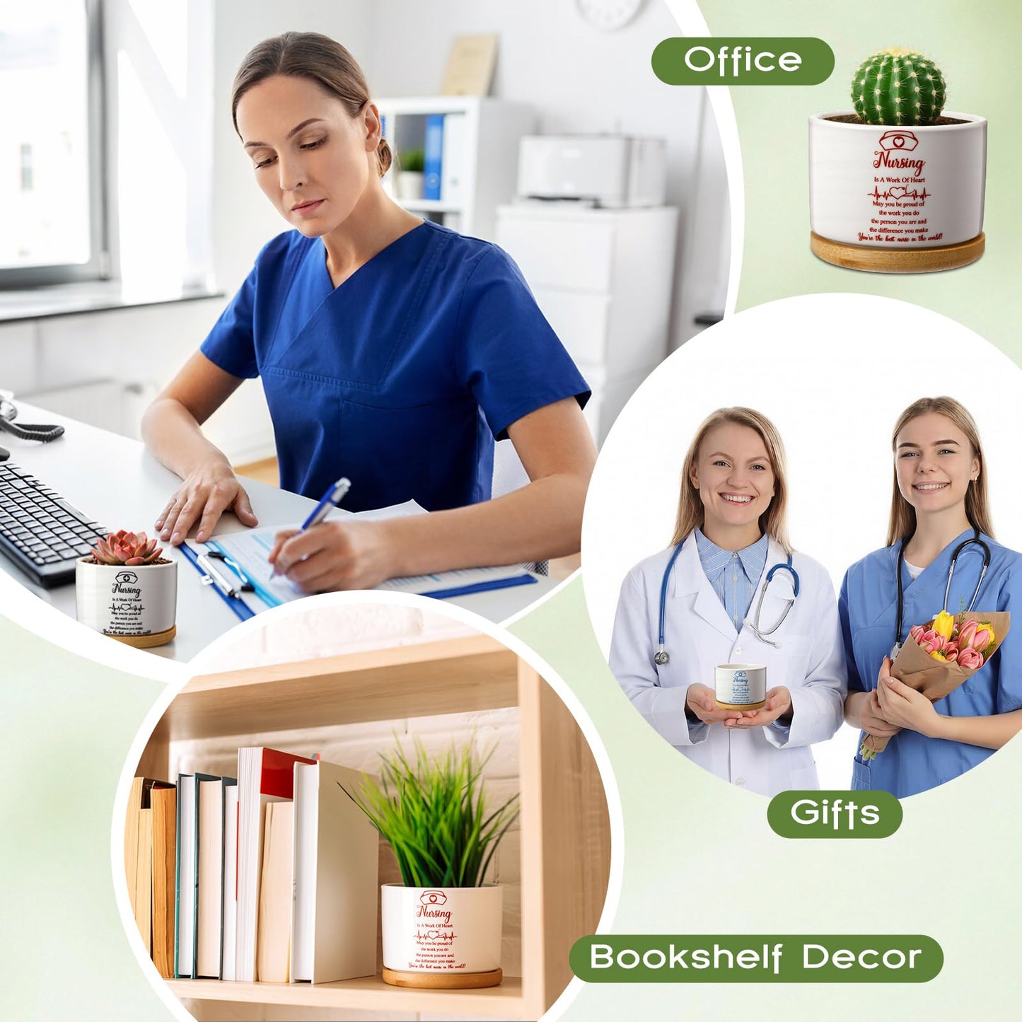 Yungyan 6 Pcs Nurse Week Gifts Bulk 2026 Nurse Appreciation Succulent Plant Pot Nursing is a Work of Heart Ceramic Flower Planter Accessories for Graduation Season Hospital Plant Not Included