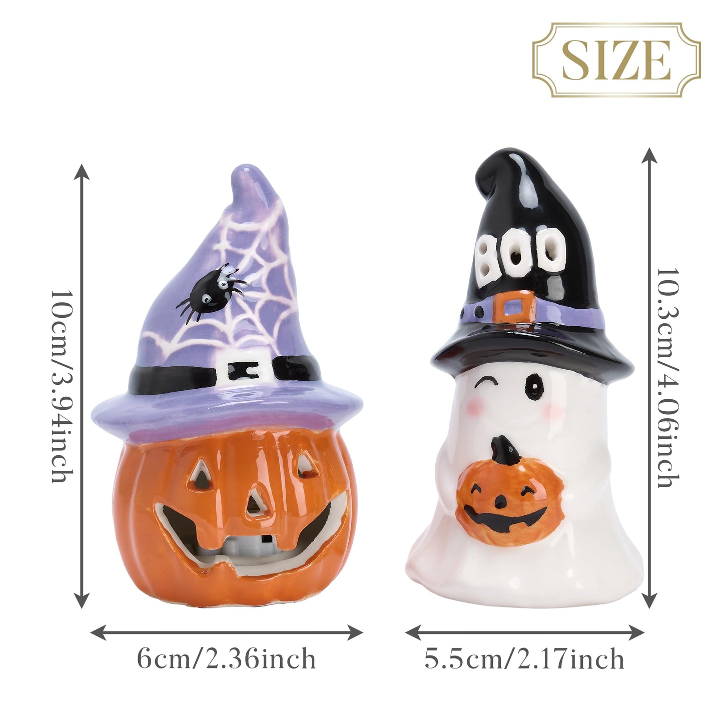 Valery Madelyn Halloween Decorations Indoor for Home, 2Pcs Ceramic Halloween Figurines with Light, Orange Jack o Lantern & White Ghost Decor with Spider Web Witch Hat for Table Tiered Tray, 4.1"
