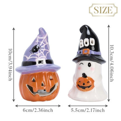 Valery Madelyn Halloween Decorations Indoor for Home, 2Pcs Ceramic Halloween Figurines with Light, Orange Jack o Lantern & White Ghost Decor with Spider Web Witch Hat for Table Tiered Tray, 4.1"