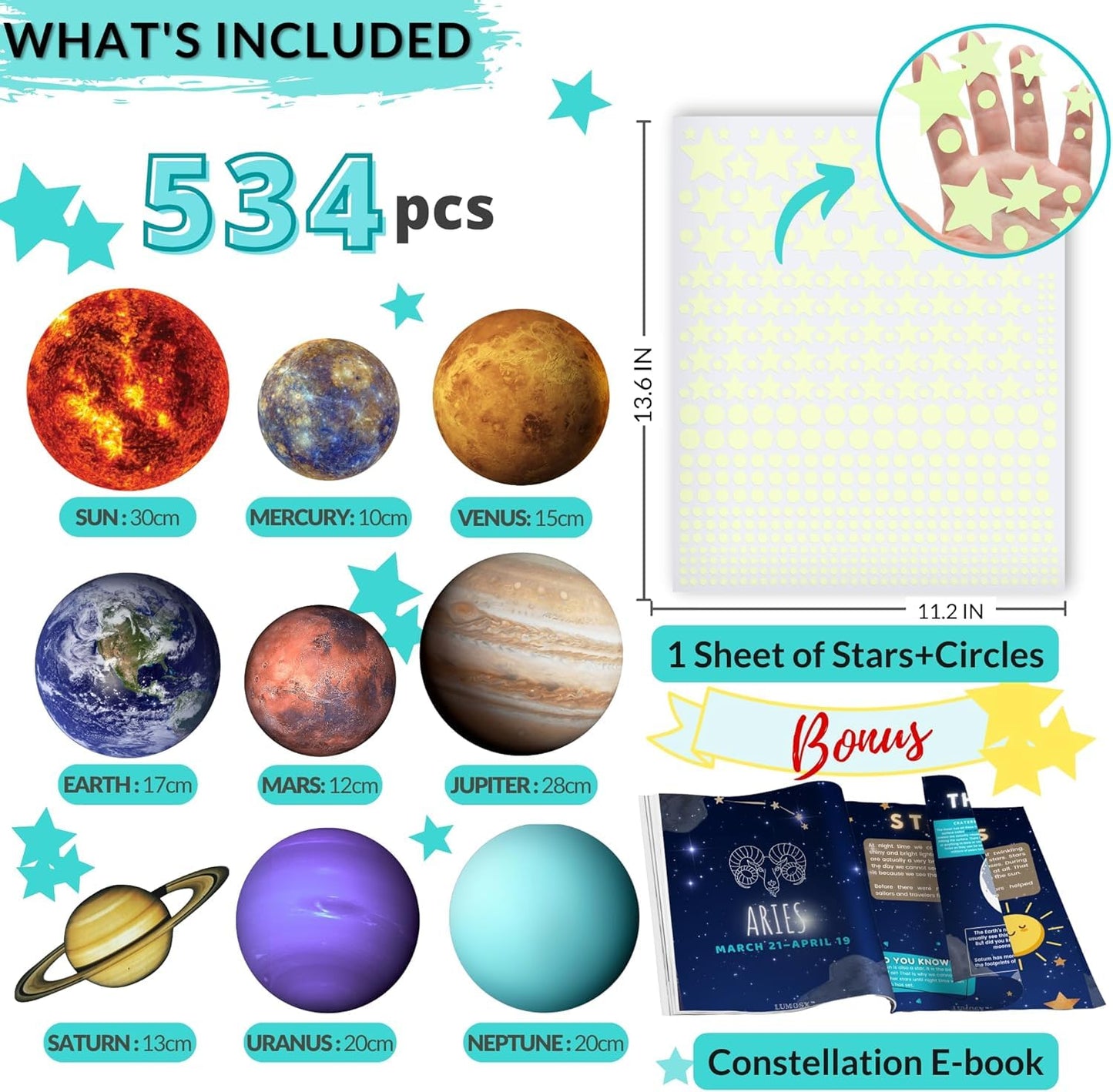 LUMOSX Glow in the Dark Stars and Planets - 534 pcs with Constellation E-Book | Solar System Wall Decal, Planet Wall Decals, Space Wall Stickers, and Space Wall Decals for Kids Room Decor (Blue)