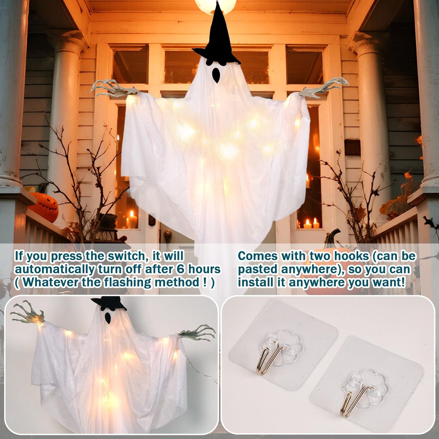 SUNBEAUTY Halloween Decorations Outdoor, Halloweens Party Decoration Indoor, Spooky Ghost with Remote Control String Lights, Halloween-Ghost Lights for Porches Yards Gardens Lawn