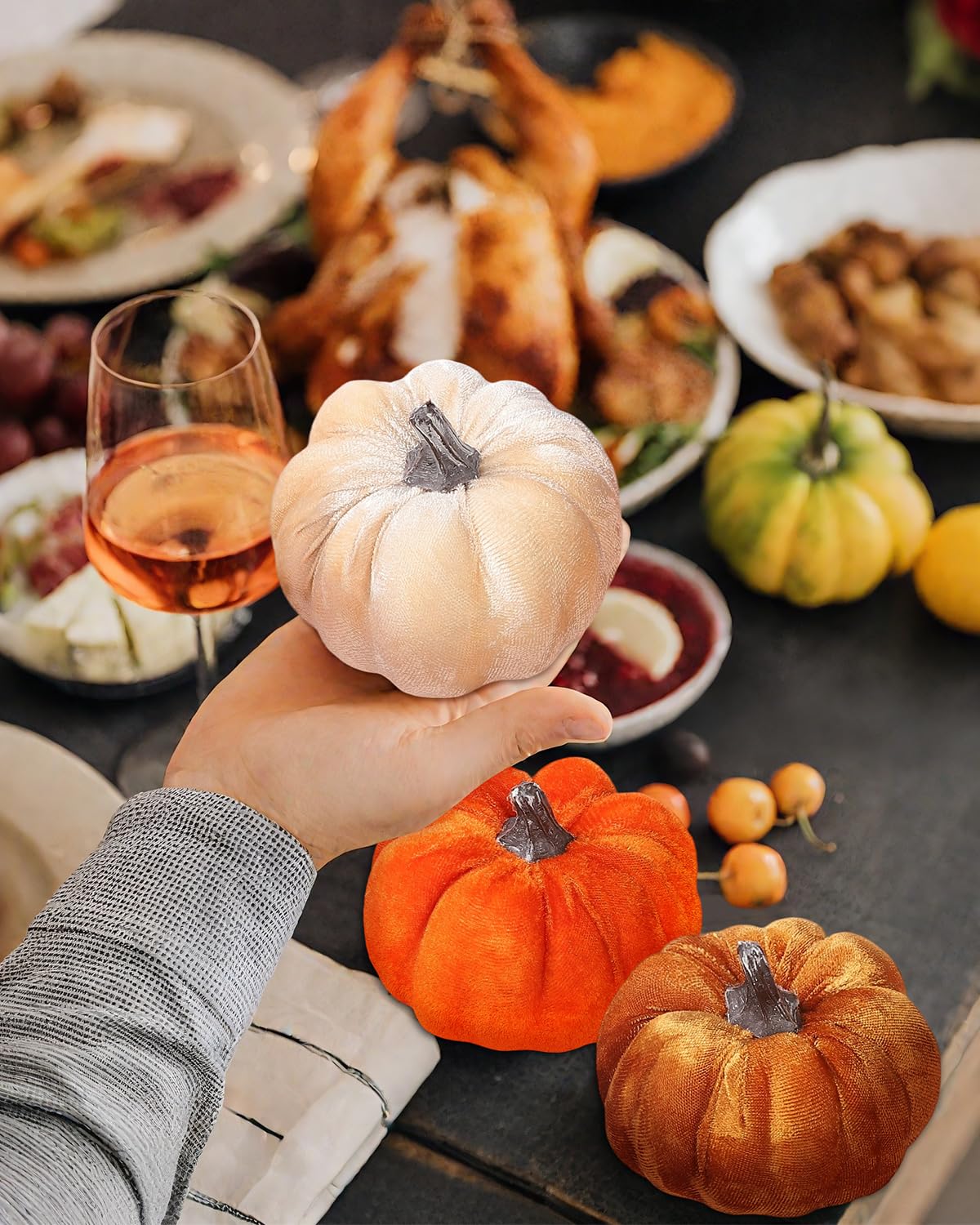 Coferset 4pcs Velvet Pumpkins Decor Set, Artificial Fall Pumpkin Decor for Halloween Thanksgiving Harvest Table Centerpieces(Orange Gold Coffee Beige)