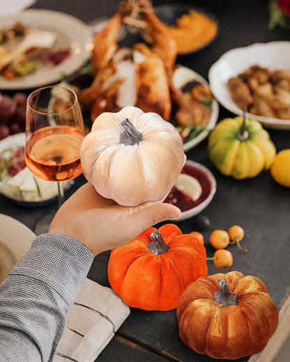 Coferset 4pcs Velvet Pumpkins Decor Set, Artificial Fall Pumpkin Decor for Halloween Thanksgiving Harvest Table Centerpieces(Orange Gold Coffee Beige)