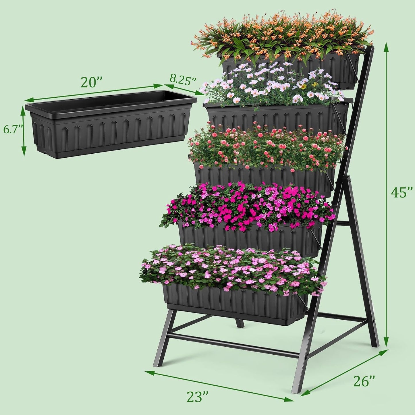 TEANDE 2 Pack Vertical Raised Garden Bed, 5-Tier Elevated Planter Box w/Drainage System & 4 Hooks for Herbs Vegetables Flowers, Vertical Garden Planter for Patio Yard Indoor Outdoor, Black