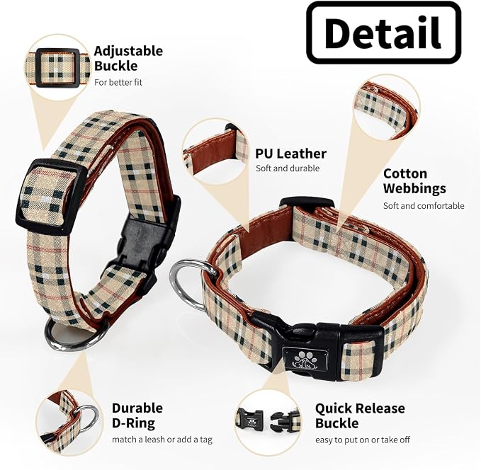 NESTROAD Dog Collar and Leash Set,Soft Neoprene Pet Collar with Quick Release Buckle,Adjustable Nylon Dog Collars for Small Medium Large Dogs(Small,Cherecked Beige)