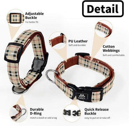 NESTROAD Dog Collar and Leash Set,Soft Neoprene Pet Collar with Quick Release Buckle,Adjustable Nylon Dog Collars for Small Medium Large Dogs(Medium,Cherecked Beige)