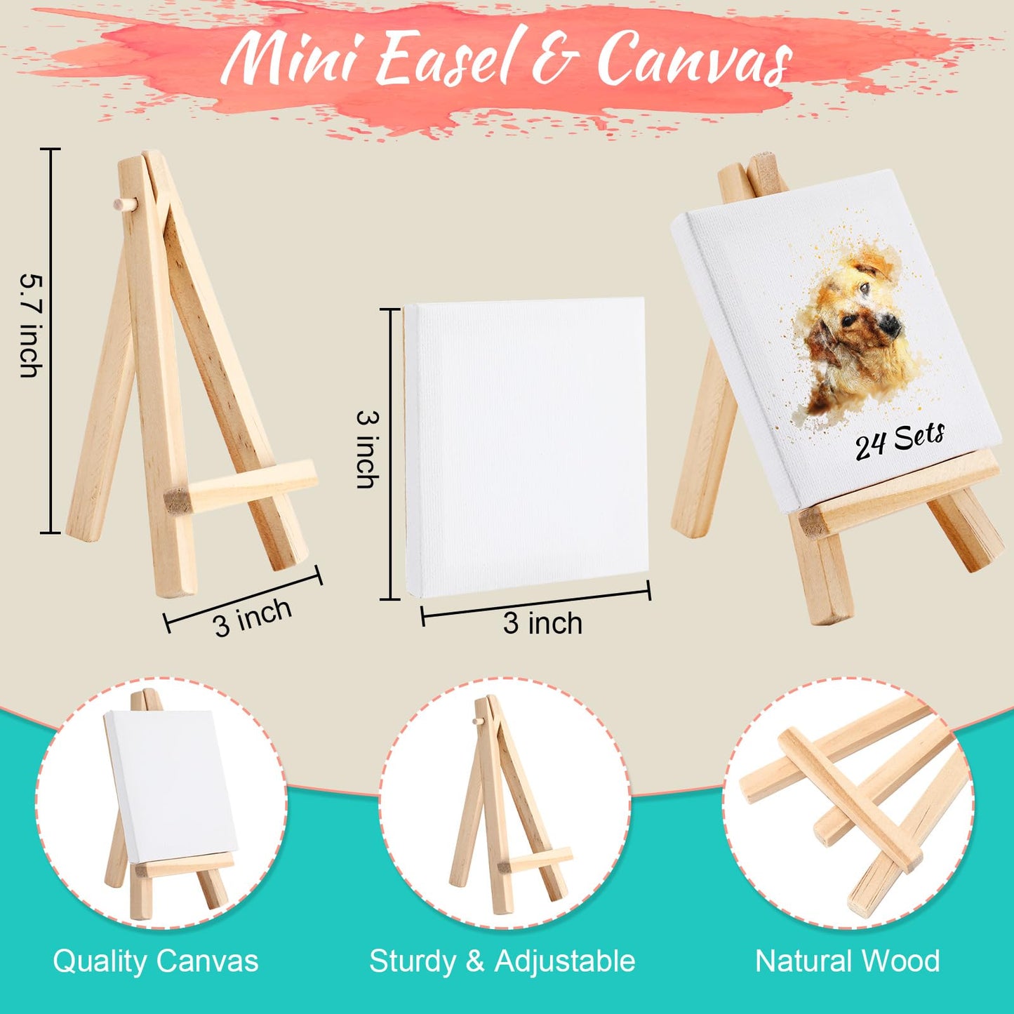 24 Sets Mini Paint Canvas Kit Mini Acrylic Art Party Favor Watercolor Painting Set with Panel Wood Easel Small Art Strips Palettes Brush Teacher School Classroom Reward Party Supplies Birthday Gift