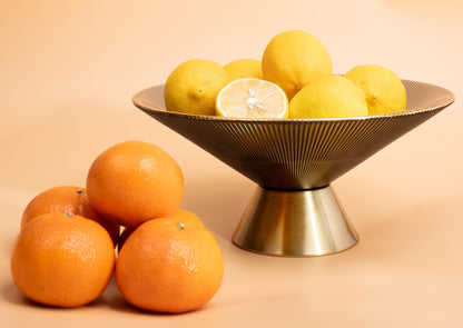 Tapered Glass Decorative Bowl(Gray), 9.8 Inches Handblown Striped Glass Bowl with Gold Trim and Rust Resistant Metal Base,Decor Fruit Bowl for Home Decor,Table Centerpiece,Kitchen Island,Dining Decor