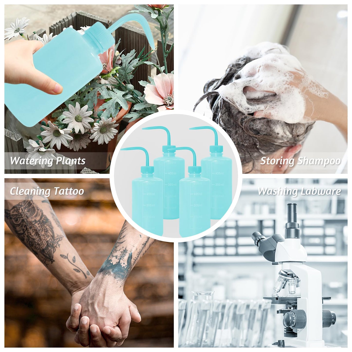 Grosun 4 Packs Tattoo Wash Bottle Water Squirt Squeeze Diffuser Bottles (Light Blue, 500ml)