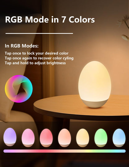 NICKLUC Egg Night Light for Nursery: Baby Night Lights Tap Lamp Stepless Dimming with Warm White and 7 RGB Colors Rechargeable Portable for Infant and Kids Bedroom Breastfeeding Sleep Aid