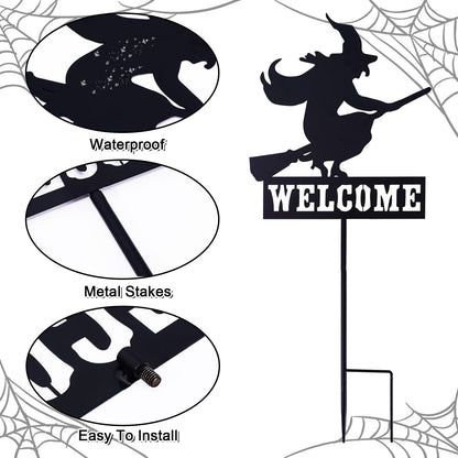 Whaline Halloween Welcome Sign with Stake Spooky Witch on Broom Door Hanger Sign Black Witches Silhouette Garden Stakes for Halloween Home Outdoor Garden Outside Yard Lawn Patio Decor