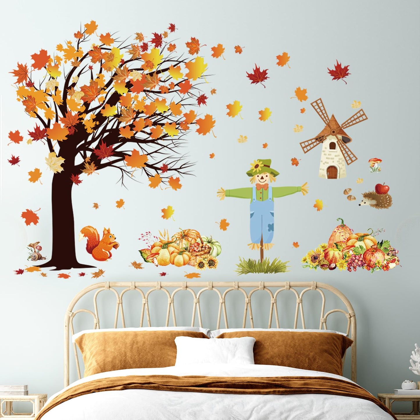 Fall Maple Leaves Wall Decals Autumn Pumpkin Scarecrow Wall Stickers Thanksgiving Fall Tree Wallpaper Cute Sqiirrel Windmill Mural DIY Removable Wall Art for Kids Bedroom Playroom