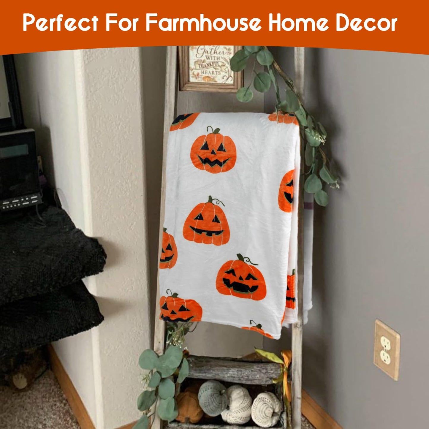 Yiyhuxf Halloween Pumpkin Face Blanket - Orange Flannel Fleece Throw for Home, Living Room, Bed, Chair Decor - 60"x50"