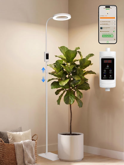 GLOWRIUM Smart Grow Lights for Indoor Plants, 24W Full Spectrum Plant Lights with Bluetooth App, Adjustable Height 47-70.9", Auto Timer, Indoor Plant Lamp for Large Tall Plants（White 24W）