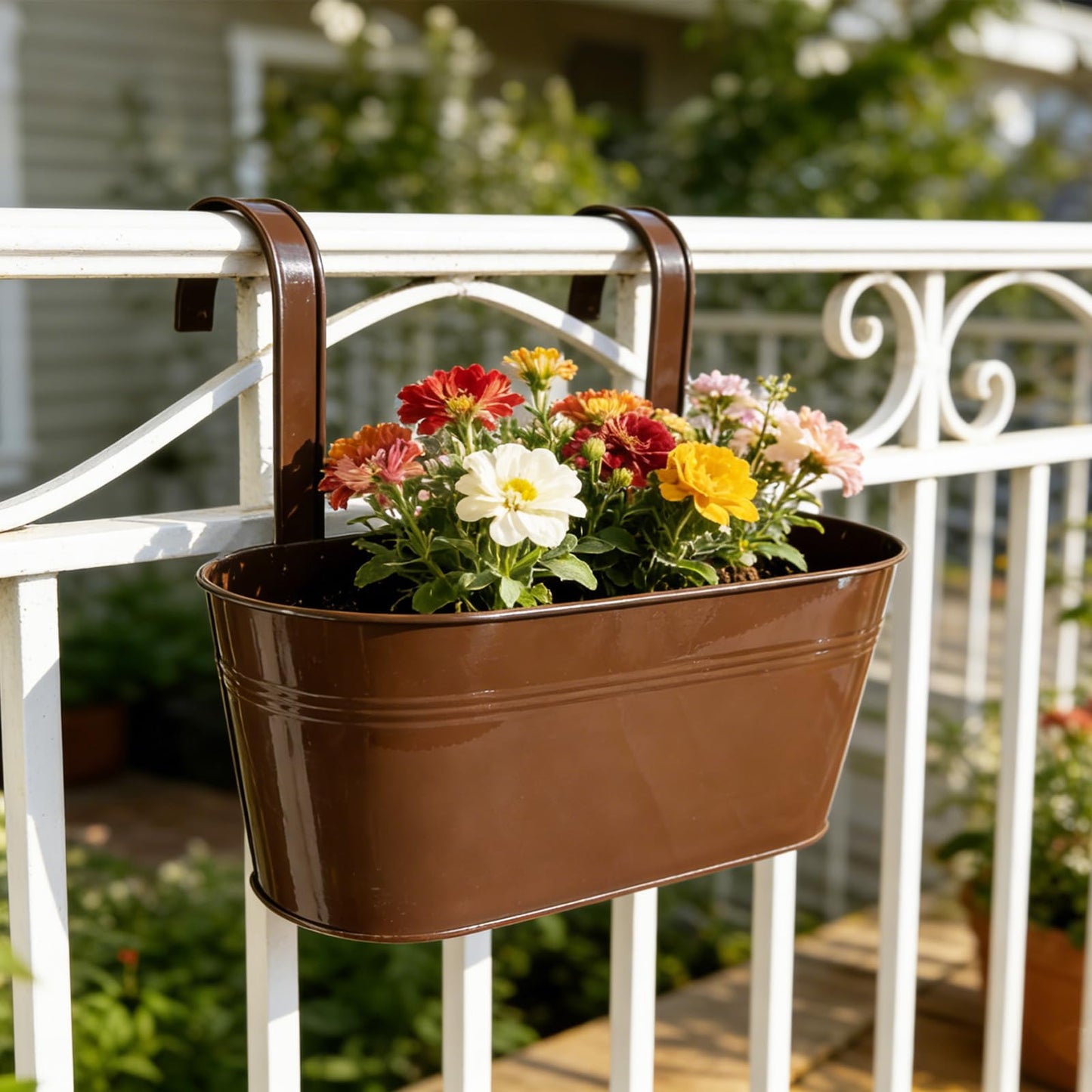 Joyfernal Set of 12 Balcony Hanging Planters, 4 Pcs 17" Metal Railing Flower Pots & 4 Pcs 12" Deck Planter & 4 Pcs 4" Fence Pot for Outdoor Patio Garden Décor, Chocolate
