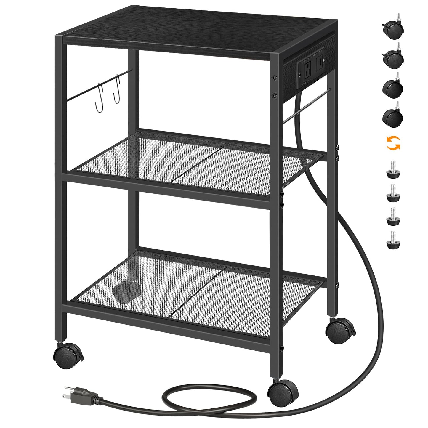 HOOBRO Industrial Printer Stand, 3-Tier Mobile Printer Table, Rolling Cart with Power Outlets and USB Ports, Home Printer Stand with 2 Hooks, for Office, Living Room, Black BB22UPS01