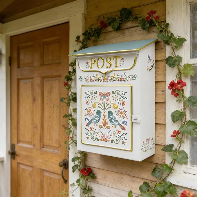 Mailbox Wall Mount Mailboxes for Outside Vintage Mail Boxes for House Outside Metal Drop Box Antique Style Nostalgic Charm Home Decorative, Flower Pattern