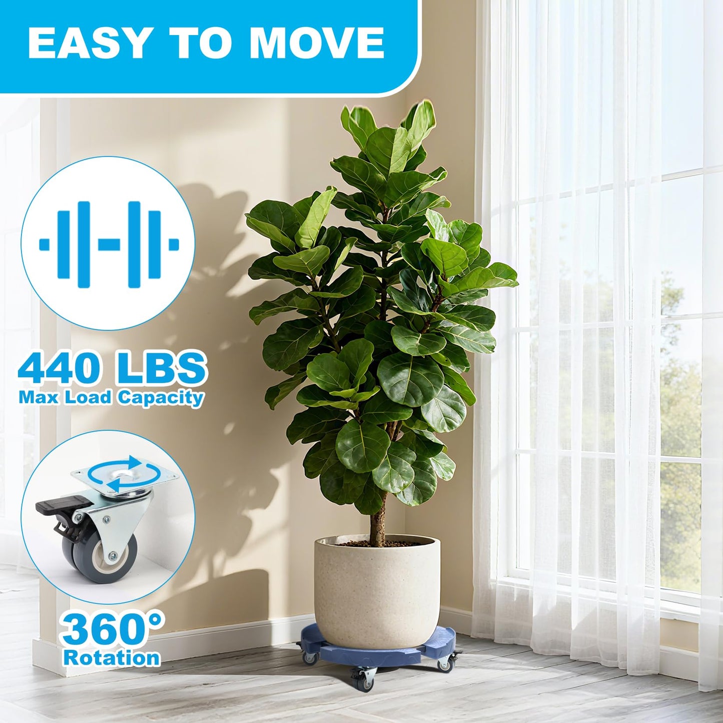 Plant Rollers with Wheels, 15-19 Inch Adjustable Bucket Dolly with Locking Wheels 440 LBS Heavy Duty Drum Cart Plant Caddy with Wheels Plant Mover Base, Blue