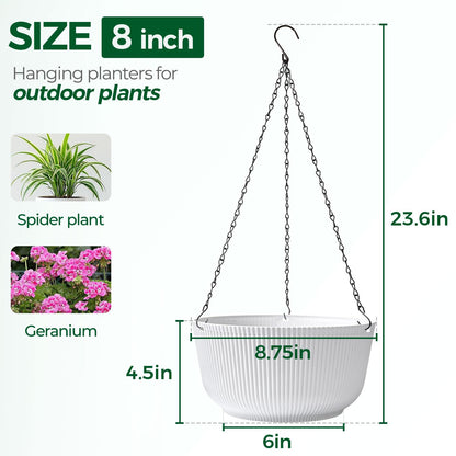 T4U Hanging Planter Self Watering 8 Inch, 2 Pack White Indoor Hanging Plant pots, Hanging Flower Pot with Drainage Hole & Plug & Chain with 3 Hooks for Garden Home Decor