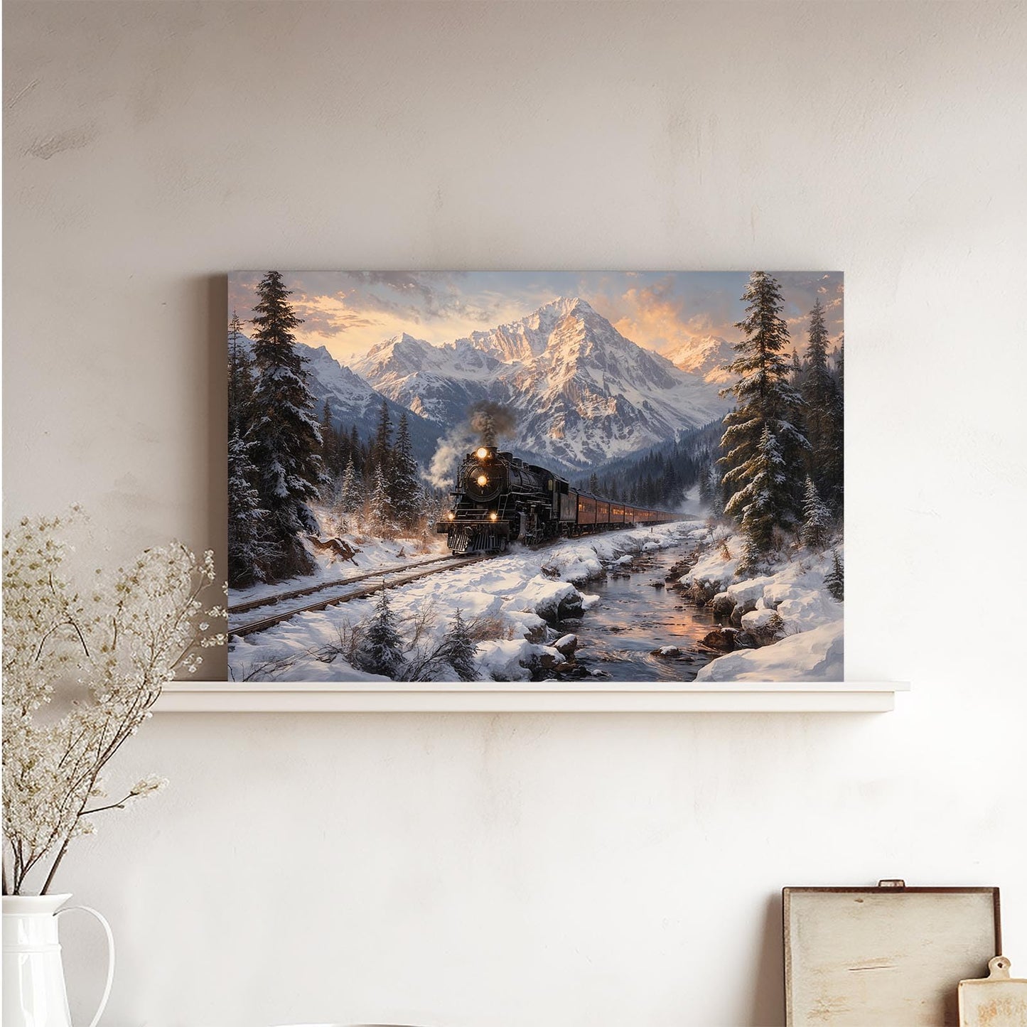 XWNLTEPK Winter Train Scenery Canvas Print Poster Wall Art Wall Decoration Winter Atmosphere Poster Suitable for Living Room Bedroom Farmhouse Home Decor Christmas Snow Mountain Pine Tree