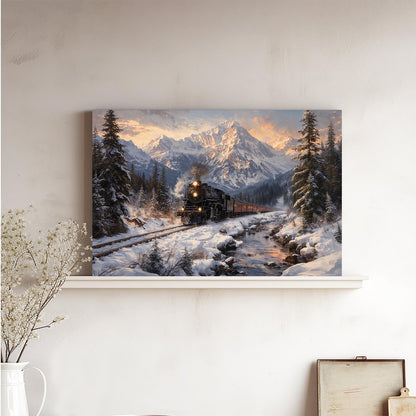 XWNLTEPK Winter Train Scenery Canvas Print Poster Wall Art Wall Decoration Winter Atmosphere Poster Suitable for Living Room Bedroom Farmhouse Home Decor Christmas Snow Mountain Pine Tree