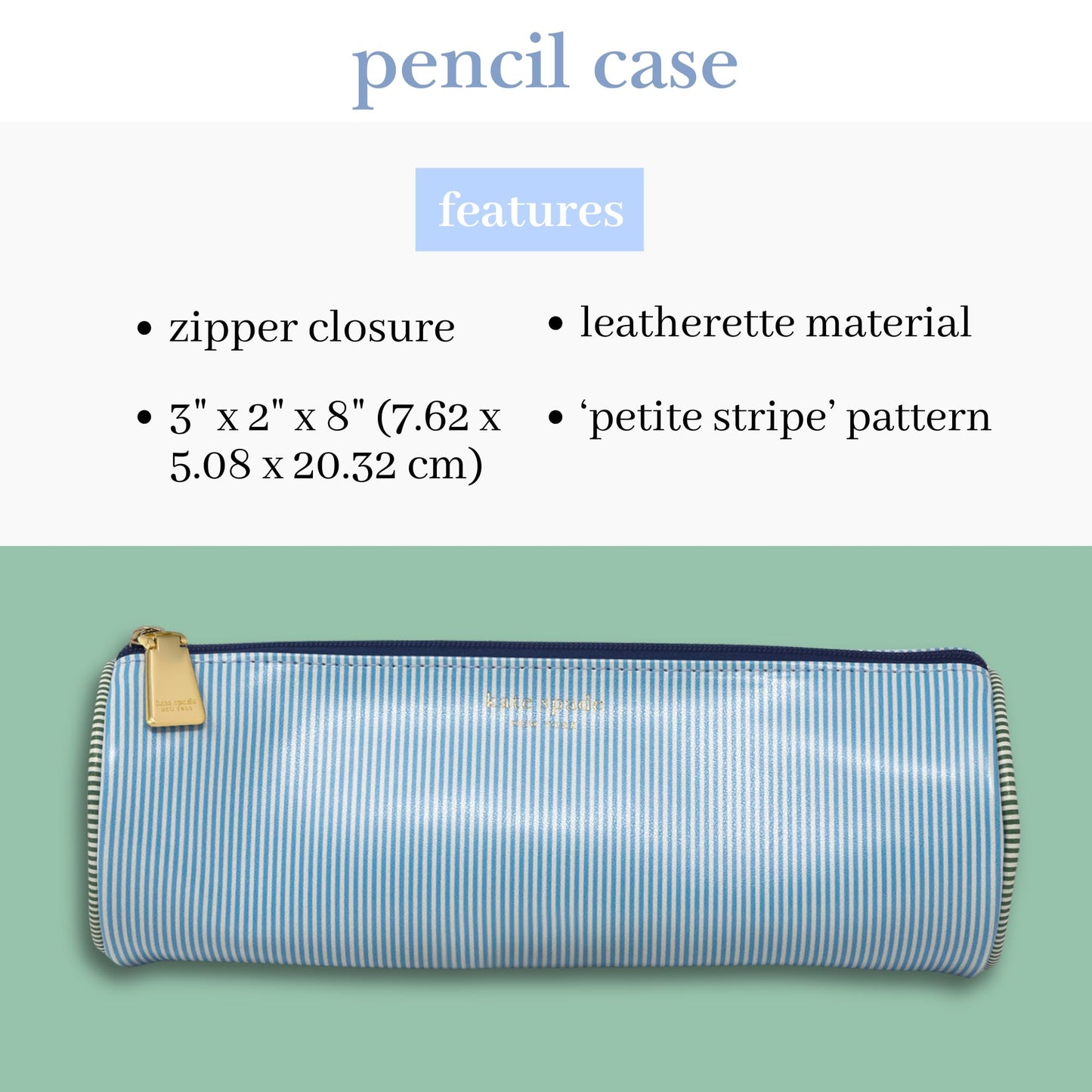 kate spade new york Faux Leather Pen and Pencil Case, Small Pouch for Office Organization for Women with Zipper Closure (Petite Stripe)