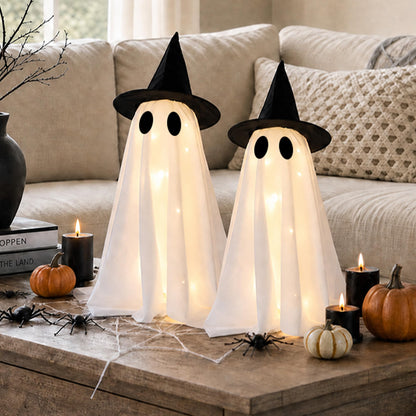 Halloween Decorations-Set of 2 Light-Up Ghosts with Witch Hats, Ghost Table Centerpiece-Spooky Tabletop Decor for Mantel Dining Table Party Indoor Home