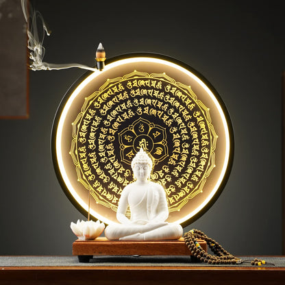 QINLANG 6 inch White Buddha Statue and 13.2 inch LED Circle Table Lamp, Indoor Buddha Statues for Home Décor
