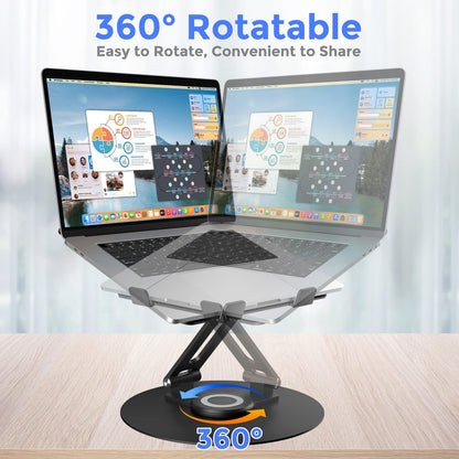 Swivel Laptop Stand for Desk, Adjustable Height Aluminum Computer Stand with 360 Rotating Base, Foldable Ergonomic Riser, Portable Laptop Holder Compatible with MacBook, All Laptops 10-17'', Black