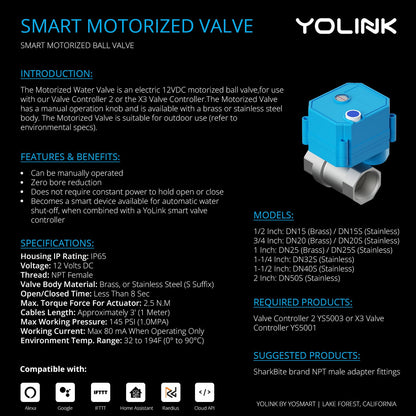 YoLink Wireless Smart Valve Control Kit, NSF Certified 1/2" Stainless Steel Motorized Valve, Wireless Controller 2, LoRa Long Range, D2D Offline with Leak Sensors, 2 Years Battery backup