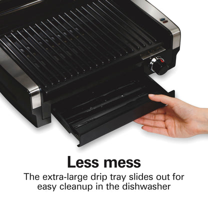 Hamilton Beach Electric Indoor Searing Grill with Viewing Window & Adjustable Temperature Control to 450F, 118 sq. in. Surface Serves 6, PFAS-Free Removable Nonstick Grate, Stainless Steel