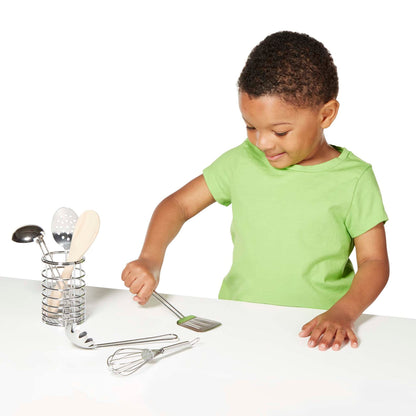 Melissa & Doug Stir and Serve Cooking Utensils (7 pcs) - Stainless Steel and Wood