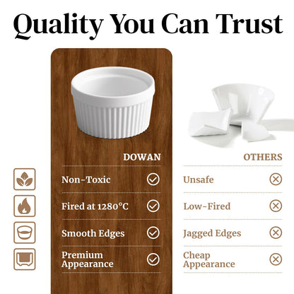 DOWAN Ramekins 6 oz Ceramic Ramekins Set of 6, Oven Safe Souffle Dishes for Air Fryer Baking, Mini Round Baking Cups for Creme Brulee, Dipping Sauces, Desserts and Prep Bowls, White