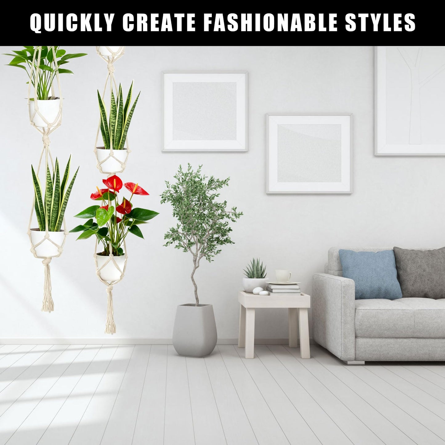 6Pcs White Macrame Plant Hanger Set Different Tiers Hanging Plant Holders Indoor Plant Hangers from Ceiling Hanging Planter Basket Cotton Rope with S Hooks and Hook Nails Boho Home Decor