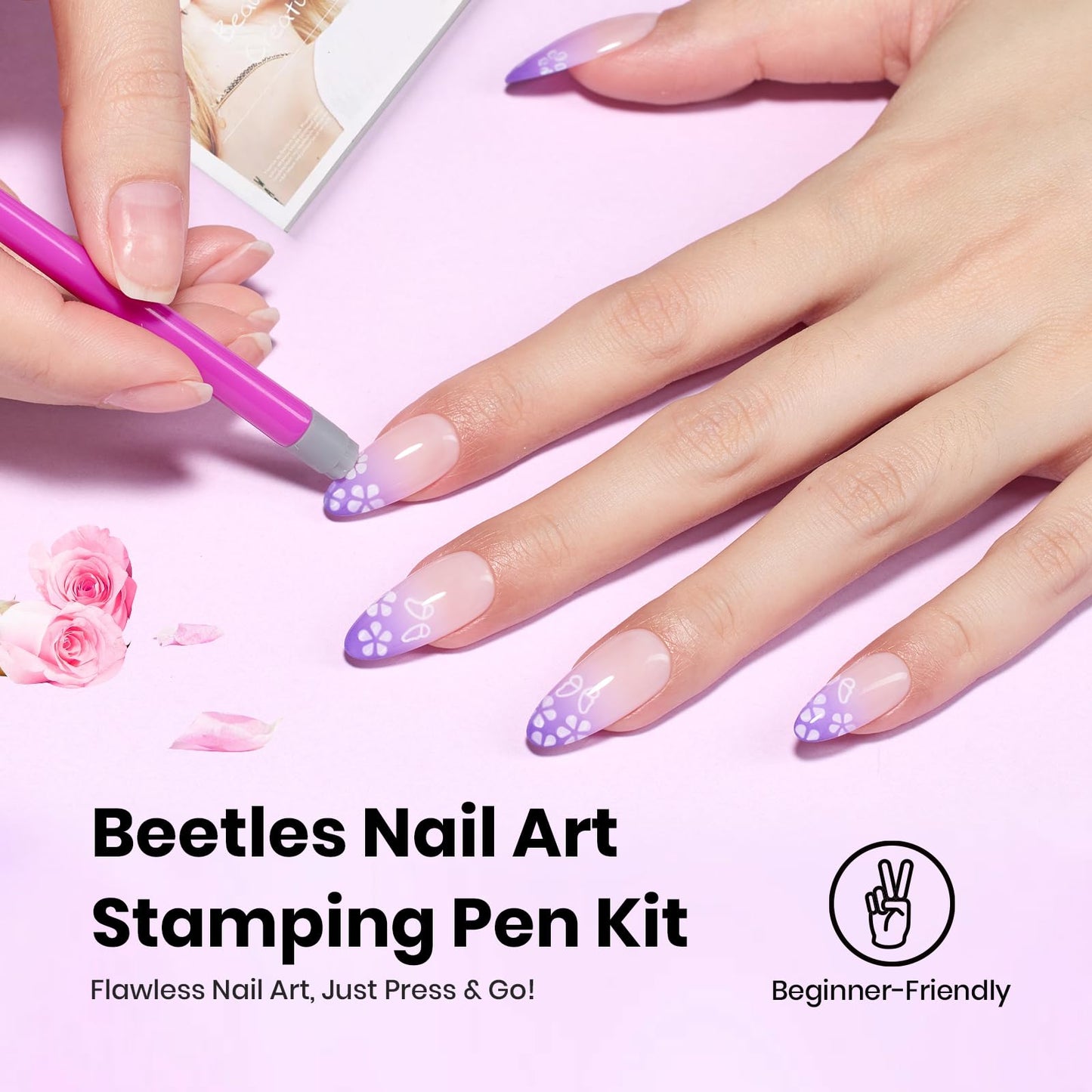 Beetles Nail Art Brushes 8pcs – Crystal Nail Art Tools 5pcs Double-headed Nails Dotting Tool, 3pcs Striping Liner Brushes for Nails with Pearls Bowknot Stickers, DIY Home Salon Manicure Design Tools